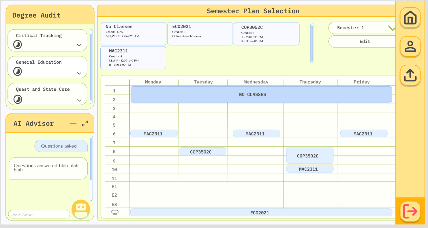 AI Advisor's semester plan selection view: a degree audit, an AI advisor chat, and a weekly schedule grid.