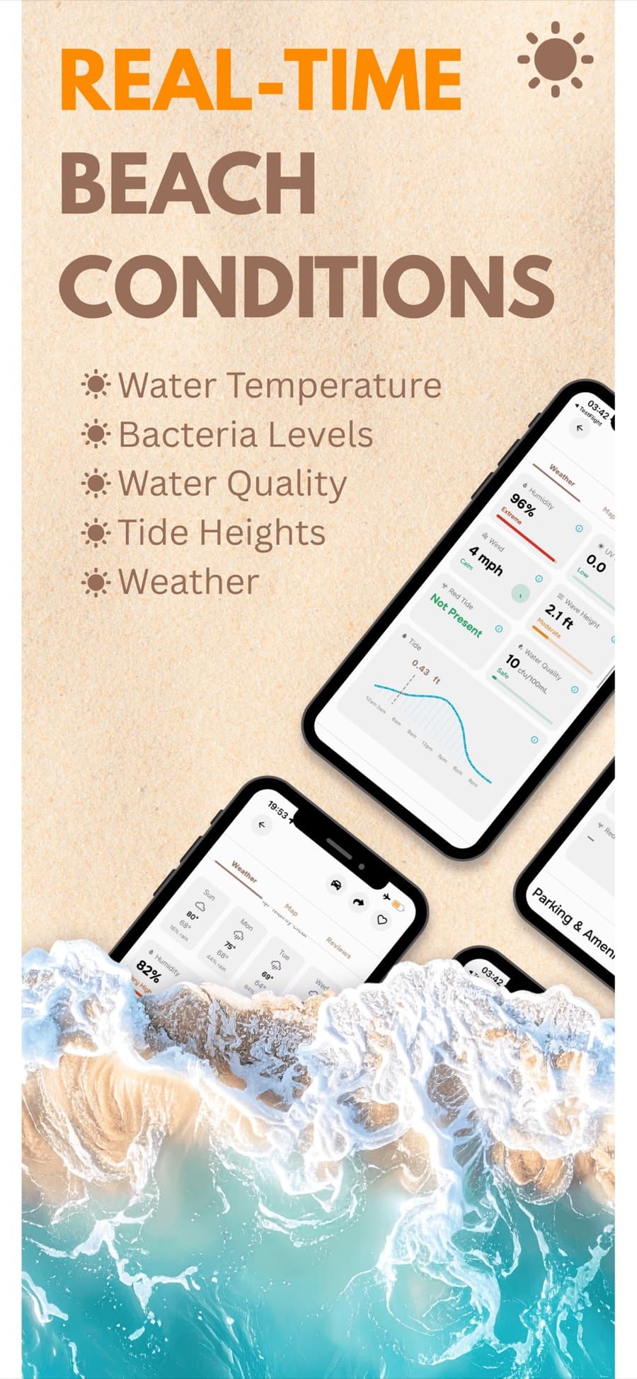 Real-time beach conditions: water temperature, water quality, tides, wind, and weather.