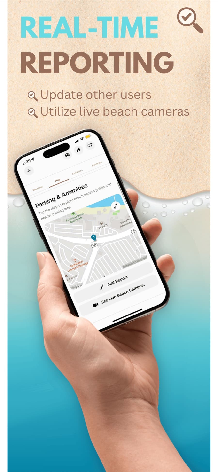 Waze-style real-time community reports from the shoreline.