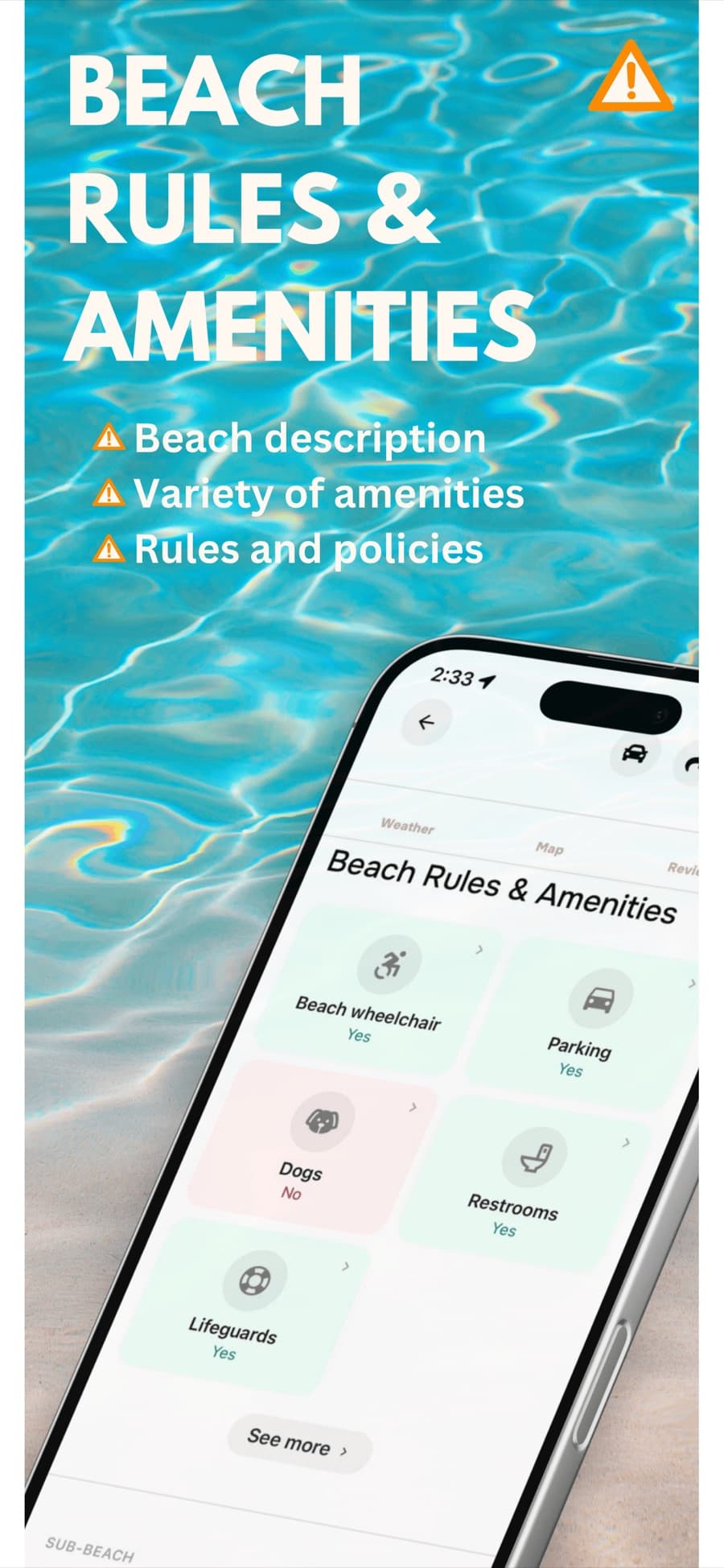 Beach rules and amenities: parking, restrooms, lifeguards, and access.