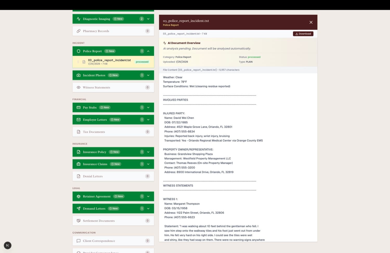 An ingested police report parsed into a structured case overview.