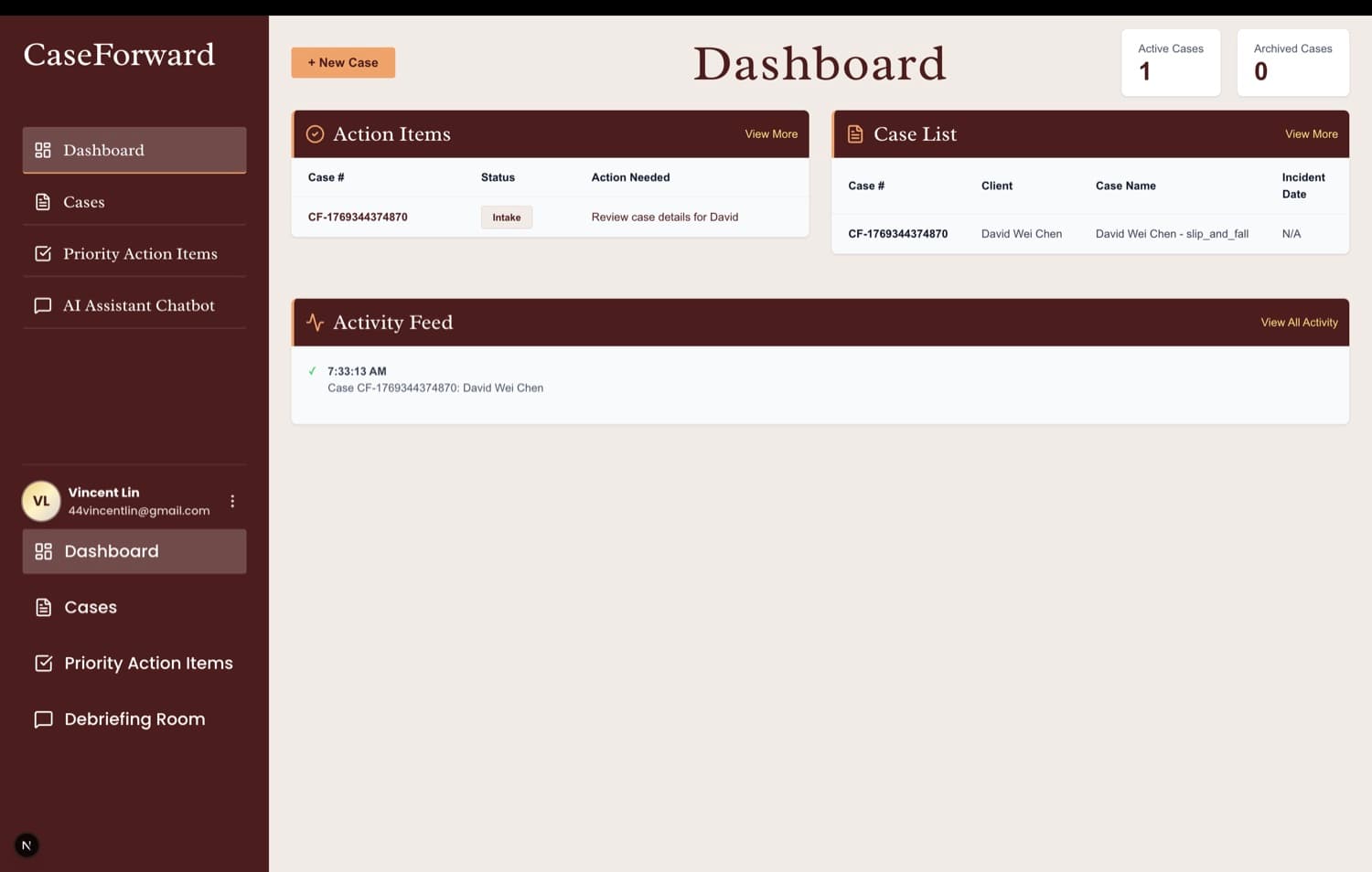 The CaseForward AI case dashboard with action items, case list, and an activity feed.